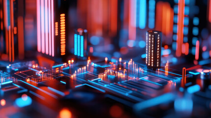 Poster - Abstract futuristic digital circuit board design with luminous neon lights in blue and red colors, symbolizing technology and data