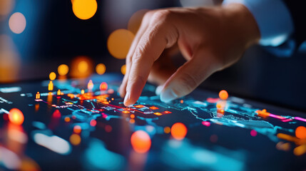 Poster - Close-up of a business professional's hand interacting with a digital touchscreen displaying colorful data visualization and analytics