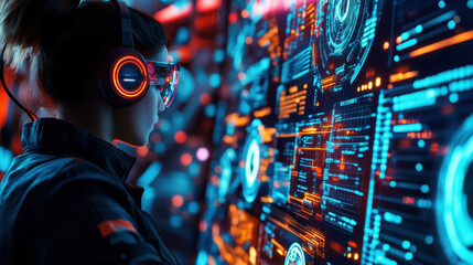 Poster - Futuristic female tech professional wearing augmented reality glasses and headphones, interacting with digital data displays