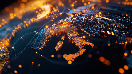 Poster - Abstract representation of a digital world map illuminated by glowing orange and blue dots, emphasizing connectivity and technology