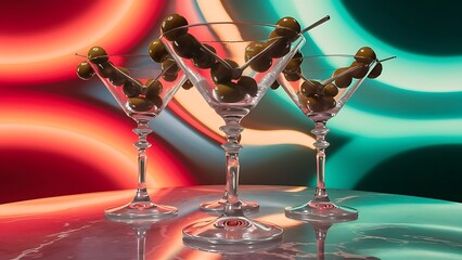 Beautiful martini glasses with olives in front of colorful background showing colors of red, orange, blue and green