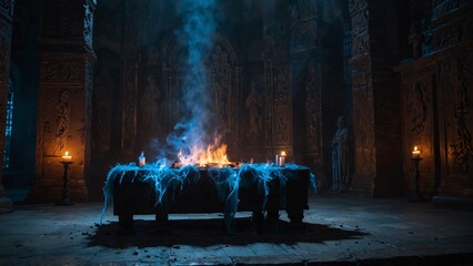  An ancient altar lit with blue flames, surrounded by ghostly spirits.