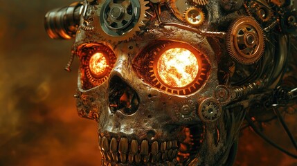 Canvas Print - Glowing Mechanical Skull with Gearing and Cogs