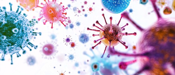 detailed render, pathogens collection, diverse bacteria and viruses depicted in high resolution, featuring cocci, bacilli, and viruses with unique shapes, placed against a pristine white backdrop,