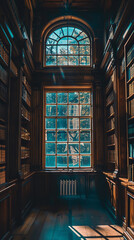 Scholar's Retreat in a Sunlit Library Full of Ancient Wisdom  