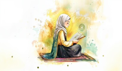 This watercolor illustration features a young Muslim girl in a hijab, sitting on a prayer rug, deeply engrossed in reading the Quran, white background 