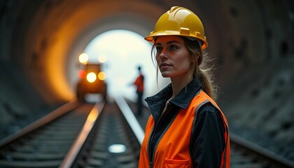 Wall Mural - A young female construction engineer in a hard hat surveys an active metro tunnel, exuding confidence amid machinery.