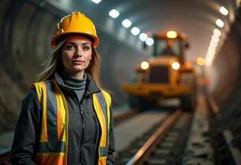 Wall Mural - A young female construction engineer in a hard hat surveys an active metro tunnel, exuding confidence amid machinery.