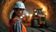 © abu - A young female construction engineer in a hard hat surveys an active metro tunnel, exuding confidence amid machinery.