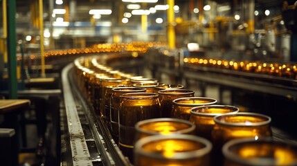 Wall Mural - A production line with amber jars moving along a conveyor in a factory setting.