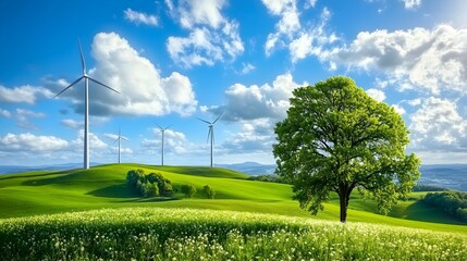 Poster - Wind turbines in green rolling hills with lone tree under blue sky