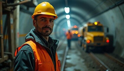 Wall Mural - A young male construction engineer in a hard hat oversees an underground metro tunnel, exuding determination amid blurred workers.