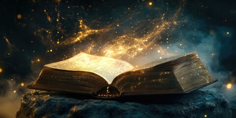 Wall Mural - Open book glowing with golden light on rock.