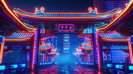 cyberpunk style chinese gate court archway