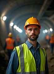 Wall Mural - A young male construction engineer in a hard hat oversees an underground metro tunnel, exuding determination amid blurred workers.