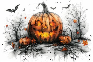 Wall Mural - Halloween with pumpkin illustration on white background. Halloween concept background