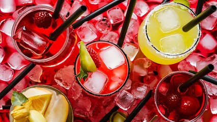 Image of Alcohol drink flight cranberry vodka margarita mix drinks black straws on ice