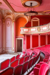 Abandoned vintage theater interior with ornate decorations, featuring empty red velvet seats and peeling colorful walls