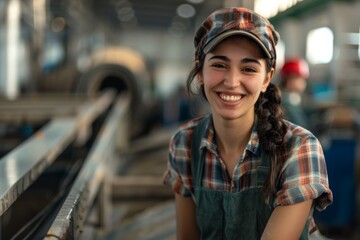 Wall Mural - Portrait of a young female assembly line worker in factory