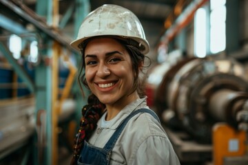 Wall Mural - Portrait of a young female assembly line worker in factory