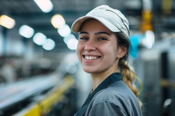 Wall Mural - Portrait of a young female assembly line worker in factory