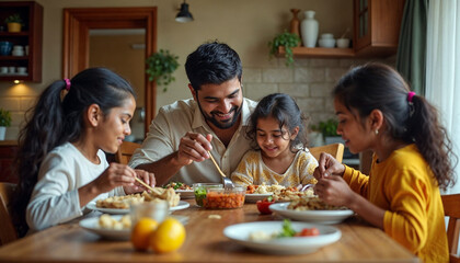 Wall Mural - Indian young Family of four eating food at dining table at home or in restaurant. South Asian mother, father and two daughters having meal together