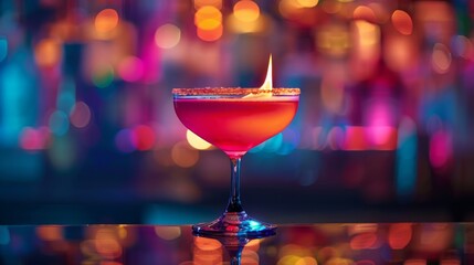 A vibrant cocktail in a martini glass with a lit flame sits on a bar counter against a backdrop of colorful lights, symbolizing celebration, excitement, indulgence, and nightlife.