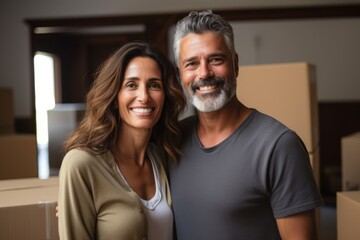 Wall Mural - Portrait of a smiling middle aged Hispanic couple in new home