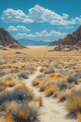 Wall Mural - A vast desert landscape with sandy paths and sparse vegetation under a bright blue sky.