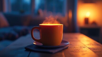 Canvas Print - Steaming Cup of Coffee on a Table in a Warmly Lit Room