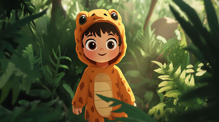 Adorable cartoon child wearing a frog costume in a green jungle.