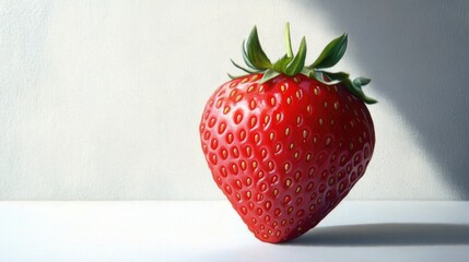 Wall Mural - A Single Ripe Strawberry with Green Leaves on a White Surface