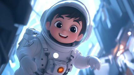 A young boy wearing an astronaut suit smiles and waves.