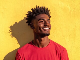 Wall Mural - Joyful Young Man Smiling Against Yellow Wall