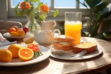 Sticker - Breakfast plated on a table with cup of coffee and glass of juice brunch bread drink.