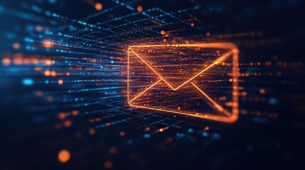 Poster - Bright orange email icon with data stream trails, against a deep blue tech background.