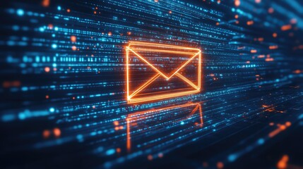 Poster - Bright orange email icon with data stream trails, against a deep blue tech background.