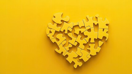Poster - Bright puzzle pieces coming together to form a heart on a yellow background, symbolizing unity.