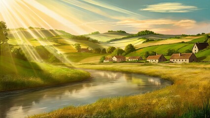 Wall Mural - Sun rays casting a warm glow over a rural landscape, enveloping the scene in gentle, golden light.