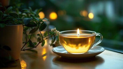 Wall Mural - A Glass Teacup With a Burning Candle Inside, On a Wooden Table With Greenery