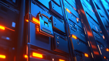 Wall Mural - A close-up shot of a server rack, glowing with blue and orange lights.