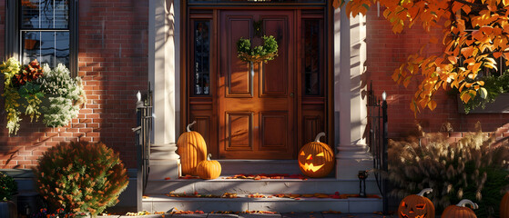 Houses decorated for Halloween with cobwebs, skeletons and lanterns. All Hallows' Eve