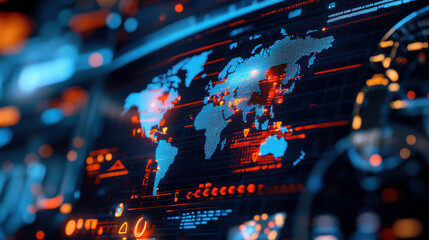 Poster - Digital world map with vibrant colors and technological interface, showcasing data points and interconnected elements in a futuristic design