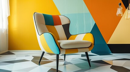 Colorful armchair in a dynamic geometric room, perfect for showcasing modern interior design trends.