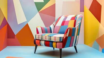 Colorful armchair in a dynamic geometric room, perfect for showcasing modern interior design trends.