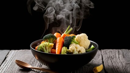 Steam rising from a black bowl filled with boiled carrots, broccoli, and cauliflower. The hot, healthy meal is presented on a table with a black background, emphasizing the freshness