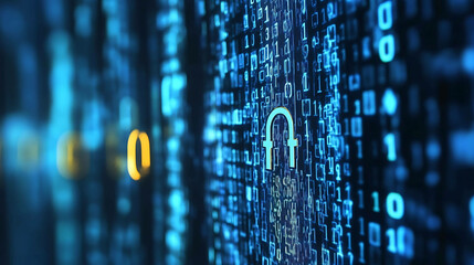 A lock icon against a background of blue binary code.