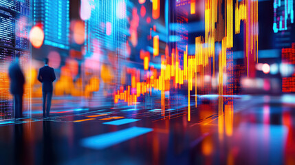 Poster - Abstract digital financial market with vibrant graphs and silhouettes of business professionals observing data trends in a futuristic setting