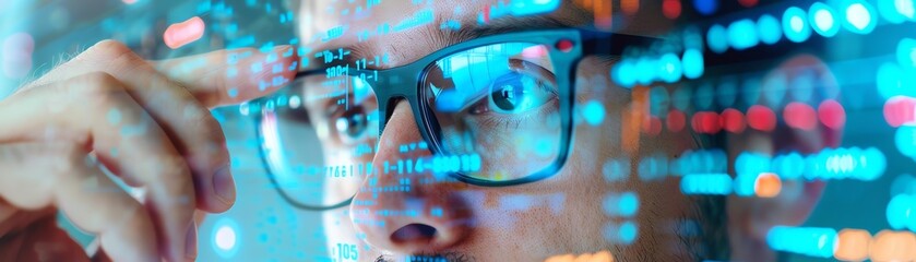 Close-up of a person with glasses analyzing digital data, surrounded by holographic code and futuristic technology visuals