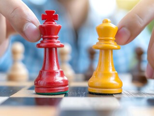 Close-up of two hands moving colorful chess pieces on a chessboard, signifying strategy and competition in a chess game.